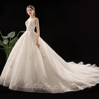 Chic Belle Champagne Robe De Mariée 2019 Princesse Col V Profond Sans Manches Dos Nu Glitter Paillettes Tulle Appliques En Dentelle Perlage Chapel Train Volants