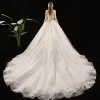 Chic / Beautiful Champagne Wedding Dresses 2019 A-Line / Princess Deep V-Neck Sleeveless Backless Glitter Sequins Tulle Appliques Lace Beading Chapel Train Ruffle