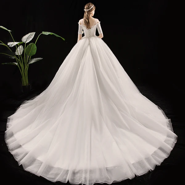 Schlicht Ivory / Creme Durchsichtige Brautkleider / Hochzeitskleider 2019 Ballkleid Eckiger Ausschnitt 1/2 Ärmel Rückenfreies Stoffgürtel Kathedrale Schleppe Rüschen