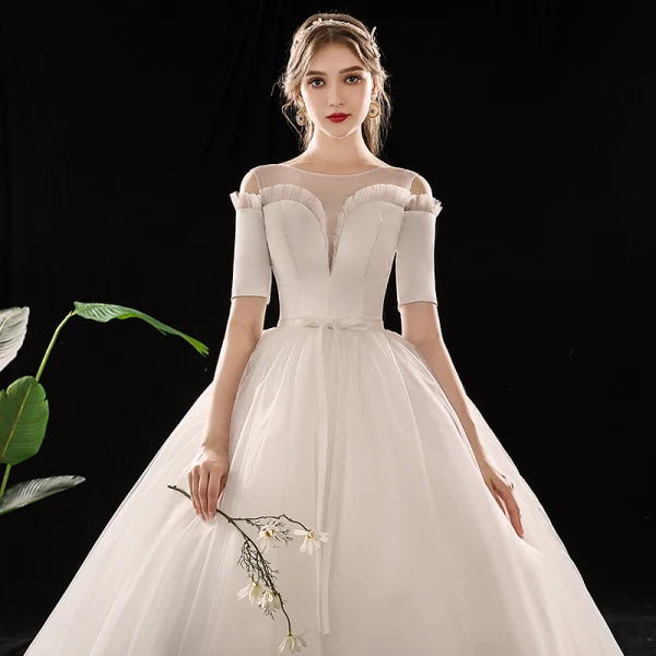 Schlicht Ivory / Creme Durchsichtige Brautkleider / Hochzeitskleider 2019 Ballkleid Eckiger Ausschnitt 1/2 Ärmel Rückenfreies Stoffgürtel Kathedrale Schleppe Rüschen