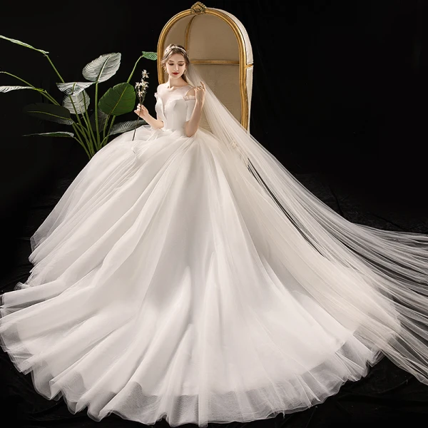 Schlicht Ivory / Creme Durchsichtige Brautkleider / Hochzeitskleider 2019 Ballkleid Eckiger Ausschnitt 1/2 Ärmel Rückenfreies Stoffgürtel Kathedrale Schleppe Rüschen