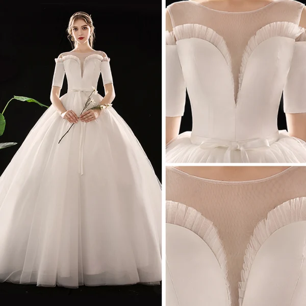 Schlicht Ivory / Creme Durchsichtige Brautkleider / Hochzeitskleider 2019 Ballkleid Eckiger Ausschnitt 1/2 Ärmel Rückenfreies Stoffgürtel Kathedrale Schleppe Rüschen