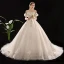 Schöne Champagner Brautkleider / Hochzeitskleider 2019 A Linie Off Shoulder Geschwollenes Kurze Ärmel Rückenfreies Applikationen Spitze Pailletten Perlenstickerei Kathedrale Schleppe Rüschen