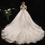 Schöne Champagner Brautkleider / Hochzeitskleider 2019 A Linie Off Shoulder Geschwollenes Kurze Ärmel Rückenfreies Applikationen Spitze Pailletten Perlenstickerei Kathedrale Schleppe Rüschen