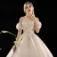 Schöne Champagner Brautkleider / Hochzeitskleider 2019 A Linie Off Shoulder Geschwollenes Kurze Ärmel Rückenfreies Applikationen Spitze Pailletten Perlenstickerei Kathedrale Schleppe Rüschen
