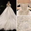 Schöne Champagner Brautkleider / Hochzeitskleider 2019 A Linie Off Shoulder Geschwollenes Kurze Ärmel Rückenfreies Applikationen Spitze Pailletten Perlenstickerei Kathedrale Schleppe Rüschen