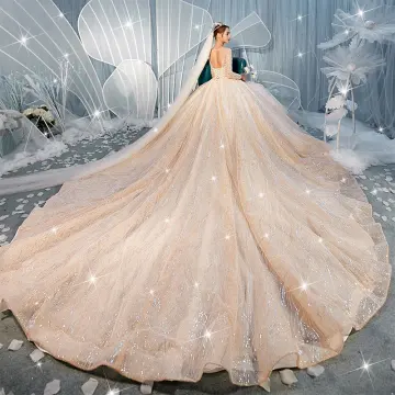 Luxe Champagne Transparentes Robe De Mariée 2019 Robe Boule Encolure Dégagée 3 4 Manches Dos Nu Paillettes Perlage Glitter Tulle Royal Train Volants