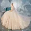 Luxe Champagne Transparentes Robe De Mariée 2019 Robe Boule Encolure Dégagée 3/4 Manches Dos Nu Paillettes Perlage Glitter Tulle Royal Train Volants