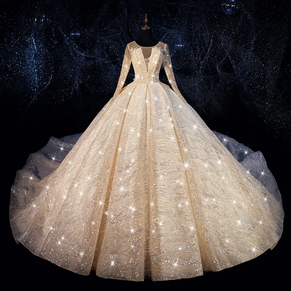 Luxe Champagne Transparentes Robe De Mariée 2019 Robe Boule Encolure Dégagée 3/4 Manches Dos Nu Paillettes Perlage Glitter Tulle Royal Train Volants