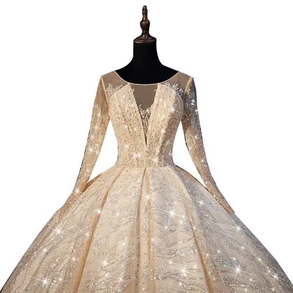 Luxe Champagne Transparentes Robe De Mariée 2019 Robe Boule Encolure Dégagée 3/4 Manches Dos Nu Paillettes Perlage Glitter Tulle Royal Train Volants