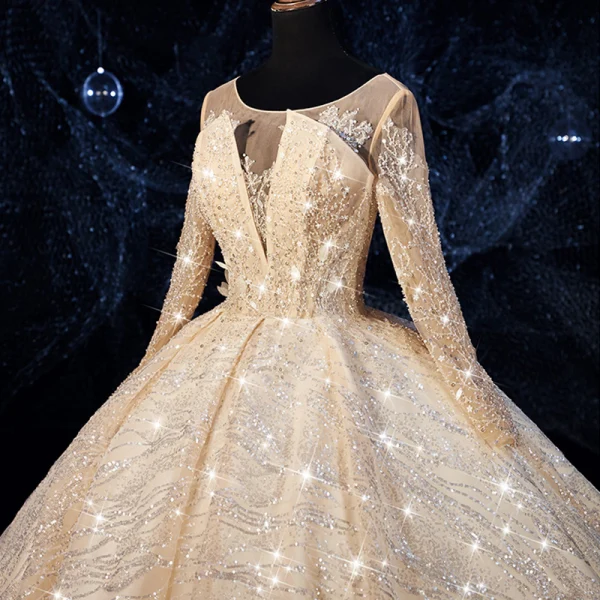 Luxe Champagne Transparentes Robe De Mariée 2019 Robe Boule Encolure Dégagée 3/4 Manches Dos Nu Paillettes Perlage Glitter Tulle Royal Train Volants