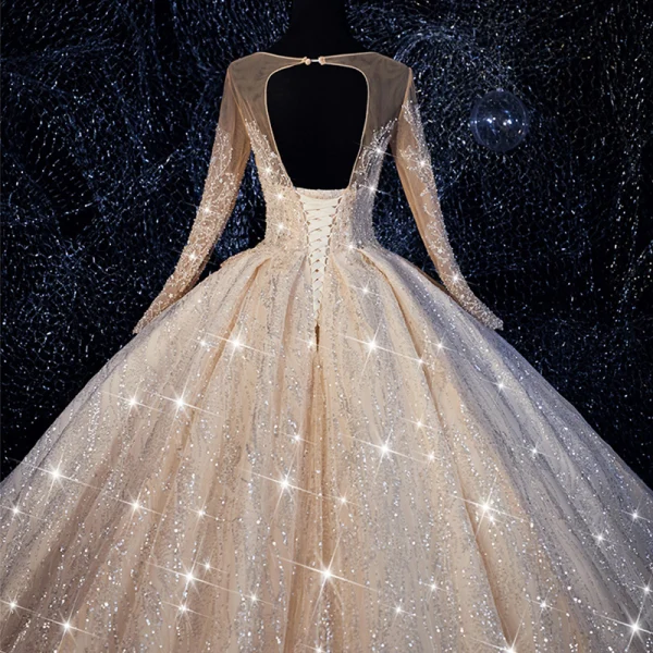 Luxe Champagne Transparentes Robe De Mariée 2019 Robe Boule Encolure Dégagée 3/4 Manches Dos Nu Paillettes Perlage Glitter Tulle Royal Train Volants