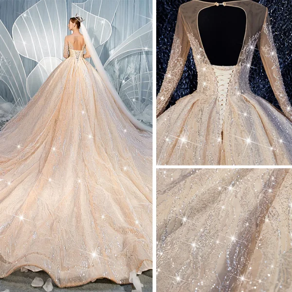 Luxe Champagne Transparentes Robe De Mariée 2019 Robe Boule Encolure Dégagée 3/4 Manches Dos Nu Paillettes Perlage Glitter Tulle Royal Train Volants