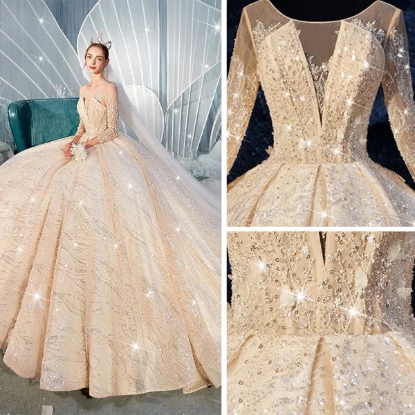 Luxe Champagne Transparentes Robe De Mariée 2019 Robe Boule Encolure Dégagée 3/4 Manches Dos Nu Paillettes Perlage Glitter Tulle Royal Train Volants