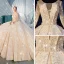 Luxe Champagne Transparentes Robe De Mariée 2019 Robe Boule Encolure Dégagée 3/4 Manches Dos Nu Paillettes Perlage Glitter Tulle Royal Train Volants