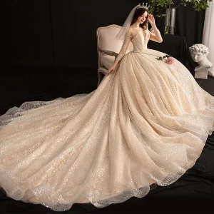 Sparkly See Through Champagne Wedding Dresses 2019 Ball Gown Scoop Neck 3 4 Sleeve Backless Sequins Pearl Beading Glitter Tulle Cathedral Train Ruffle