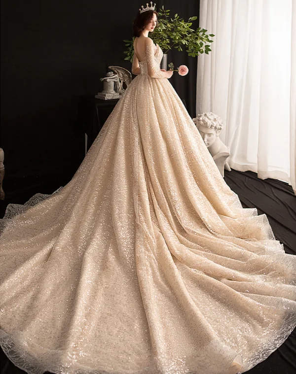 Sparkly See-through Champagne Wedding Dresses 2019 Ball Gown Scoop Neck 3/4 Sleeve Backless Sequins Pearl Beading Glitter Tulle Cathedral Train Ruffle