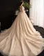 Sparkly See-through Champagne Wedding Dresses 2019 Ball Gown Scoop Neck 3/4 Sleeve Backless Sequins Pearl Beading Glitter Tulle Cathedral Train Ruffle