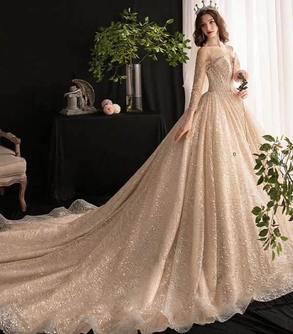 Sparkly See-through Champagne Wedding Dresses 2019 Ball Gown Scoop Neck 3/4 Sleeve Backless Sequins Pearl Beading Glitter Tulle Cathedral Train Ruffle