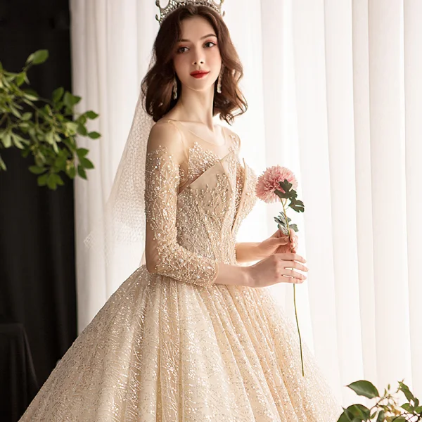 Sparkly See-through Champagne Wedding Dresses 2019 Ball Gown Scoop Neck 3/4 Sleeve Backless Sequins Pearl Beading Glitter Tulle Cathedral Train Ruffle