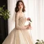 Sparkly See-through Champagne Wedding Dresses 2019 Ball Gown Scoop Neck 3/4 Sleeve Backless Sequins Pearl Beading Glitter Tulle Cathedral Train Ruffle