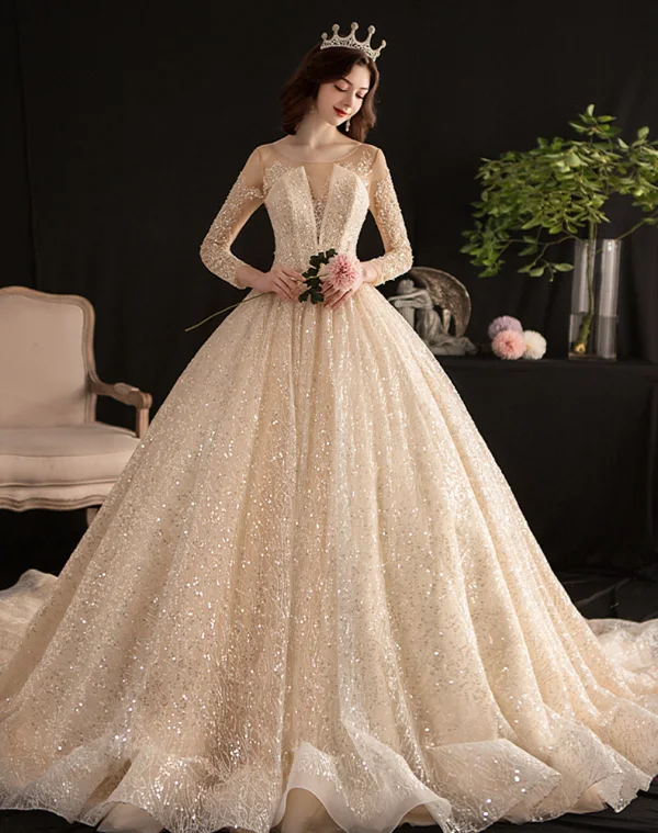 Sparkly See-through Champagne Wedding Dresses 2019 Ball Gown Scoop Neck 3/4 Sleeve Backless Sequins Pearl Beading Glitter Tulle Cathedral Train Ruffle