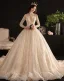 Sparkly See-through Champagne Wedding Dresses 2019 Ball Gown Scoop Neck 3/4 Sleeve Backless Sequins Pearl Beading Glitter Tulle Cathedral Train Ruffle
