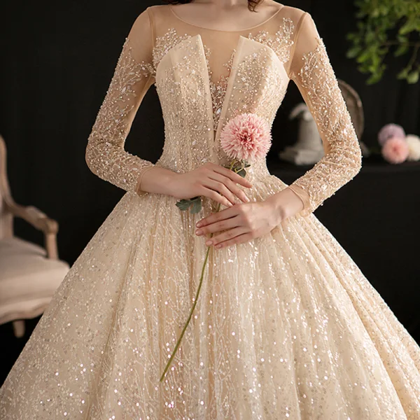 Sparkly See-through Champagne Wedding Dresses 2019 Ball Gown Scoop Neck 3/4 Sleeve Backless Sequins Pearl Beading Glitter Tulle Cathedral Train Ruffle