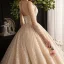 Sparkly See-through Champagne Wedding Dresses 2019 Ball Gown Scoop Neck 3/4 Sleeve Backless Sequins Pearl Beading Glitter Tulle Cathedral Train Ruffle