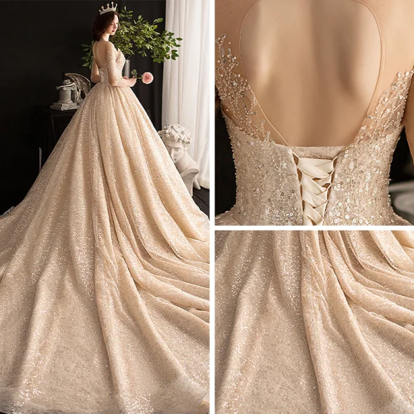 Sparkly See-through Champagne Wedding Dresses 2019 Ball Gown Scoop Neck 3/4 Sleeve Backless Sequins Pearl Beading Glitter Tulle Cathedral Train Ruffle