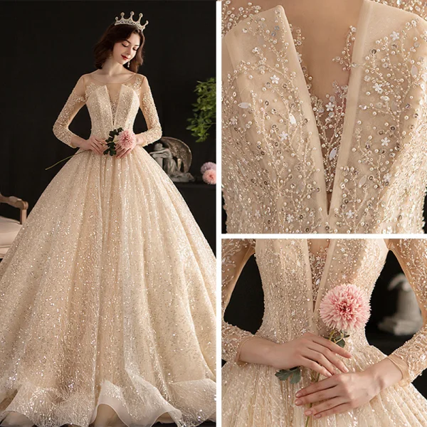 Sparkly See-through Champagne Wedding Dresses 2019 Ball Gown Scoop Neck 3/4 Sleeve Backless Sequins Pearl Beading Glitter Tulle Cathedral Train Ruffle