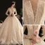 Sparkly See-through Champagne Wedding Dresses 2019 Ball Gown Scoop Neck 3/4 Sleeve Backless Sequins Pearl Beading Glitter Tulle Cathedral Train Ruffle