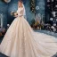 Elegante Doorzichtige Champagne Trouwjurken 2019 Baljurk Vierkante Halslijn Lange Mouwen Ruglooze Appliques Kant Kralen Cathedral Train Ruche