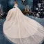 Elegante Doorzichtige Champagne Trouwjurken 2019 Baljurk Vierkante Halslijn Lange Mouwen Ruglooze Appliques Kant Kralen Cathedral Train Ruche