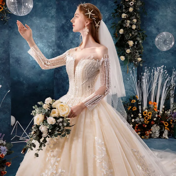 Elegante Doorzichtige Champagne Trouwjurken 2019 Baljurk Vierkante Halslijn Lange Mouwen Ruglooze Appliques Kant Kralen Cathedral Train Ruche