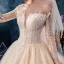 Elegante Doorzichtige Champagne Trouwjurken 2019 Baljurk Vierkante Halslijn Lange Mouwen Ruglooze Appliques Kant Kralen Cathedral Train Ruche