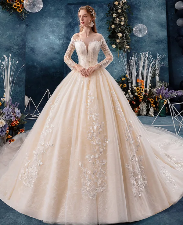 Elegante Doorzichtige Champagne Trouwjurken 2019 Baljurk Vierkante Halslijn Lange Mouwen Ruglooze Appliques Kant Kralen Cathedral Train Ruche