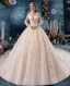 Elegante Doorzichtige Champagne Trouwjurken 2019 Baljurk Vierkante Halslijn Lange Mouwen Ruglooze Appliques Kant Kralen Cathedral Train Ruche