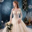Elegante Doorzichtige Champagne Trouwjurken 2019 Baljurk Vierkante Halslijn Lange Mouwen Ruglooze Appliques Kant Kralen Cathedral Train Ruche