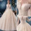 Elegante Doorzichtige Champagne Trouwjurken 2019 Baljurk Vierkante Halslijn Lange Mouwen Ruglooze Appliques Kant Kralen Cathedral Train Ruche