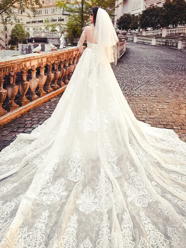 Charmant Transparentes Champagne Robe De Mariée 2019 Princesse Encolure Dégagée 1/2 Manches Dos Nu Appliques En Dentelle Chapel Train Volants