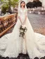 Charmant Transparentes Champagne Robe De Mariée 2019 Princesse Encolure Dégagée 1/2 Manches Dos Nu Appliques En Dentelle Chapel Train Volants