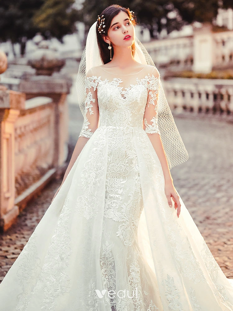 Charming See-through Champagne Wedding Dresses 2019 A-Line / Princess Scoop  Neck 1/2 Sleeves Backless