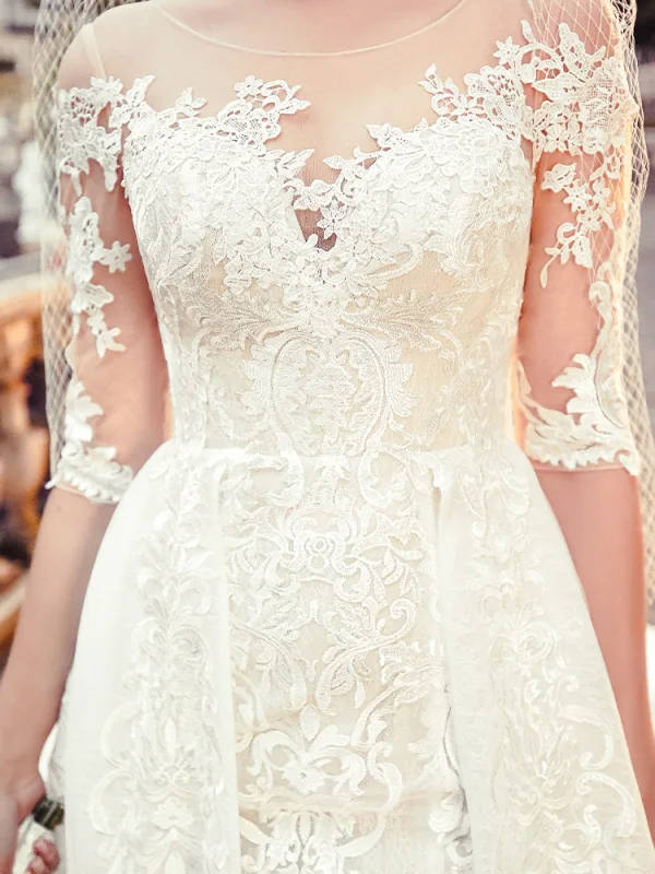 Charmant Transparentes Champagne Robe De Mariée 2019 Princesse Encolure Dégagée 1/2 Manches Dos Nu Appliques En Dentelle Chapel Train Volants