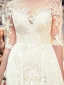 Charmant Transparentes Champagne Robe De Mariée 2019 Princesse Encolure Dégagée 1/2 Manches Dos Nu Appliques En Dentelle Chapel Train Volants