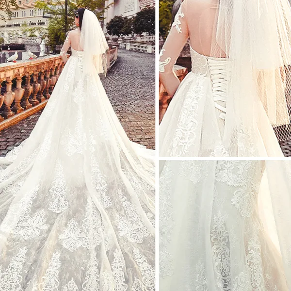 Charmant Transparentes Champagne Robe De Mariée 2019 Princesse Encolure Dégagée 1/2 Manches Dos Nu Appliques En Dentelle Chapel Train Volants