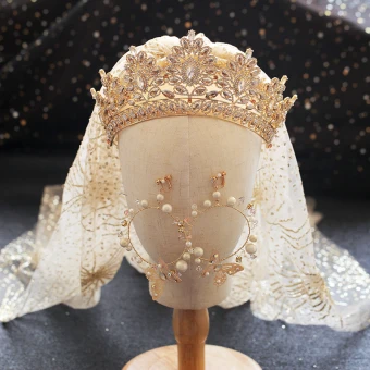 Luxury Gorgeous Gold Tiara Earrings Wedding Veils Bridal Jewelry 2019 Metal Pearl Rhinestone Wedding Accessories