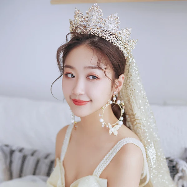 Luxury / Gorgeous Gold Tiara Earrings Wedding Veils Bridal Jewelry 2019 Metal Pearl Rhinestone Wedding Accessories