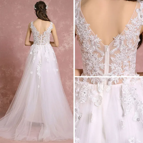 Elegante Ivory / Creme Durchbohrt Brautkleider 2018 A Linie V-Ausschnitt Ärmellos Rückenfreies Applikationen Mit Spitze Pailletten Sweep / Pinsel Zug