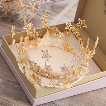 Fine Stjerne Rhinestone Gull Tiara 2019 Har Tilbehor Metall Beading Krystall Perle Tilbehør